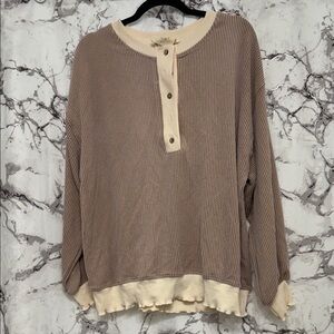 Fantastic Fawn Taupe Waffle Knit Long Sleeve Top with Cream Trim